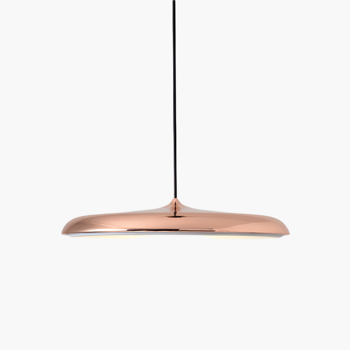 "Disc-shaped Scandinavian pendant light with LED, metal & acrylic materials, in elegant minimalist design for modern décor."