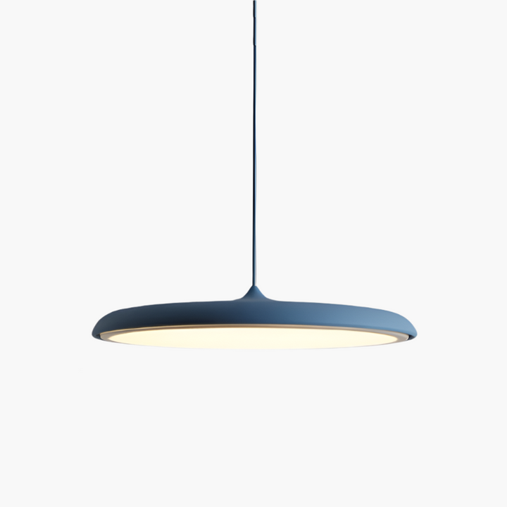 "Disc-shaped Scandinavian pendant light with LED, metal & acrylic materials, in elegant minimalist design for modern décor."