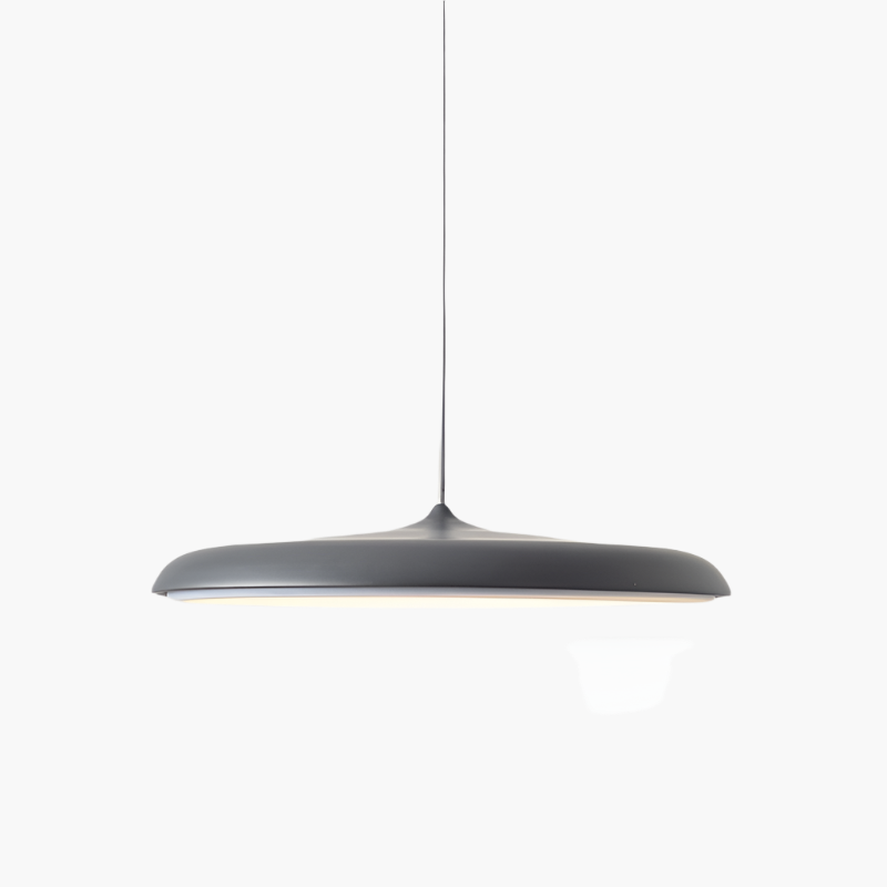 "Disc-shaped Scandinavian pendant light with LED, metal & acrylic materials, in elegant minimalist design for modern décor."