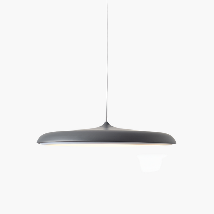 "Disc-shaped Scandinavian pendant light with LED, metal & acrylic materials, in elegant minimalist design for modern décor."