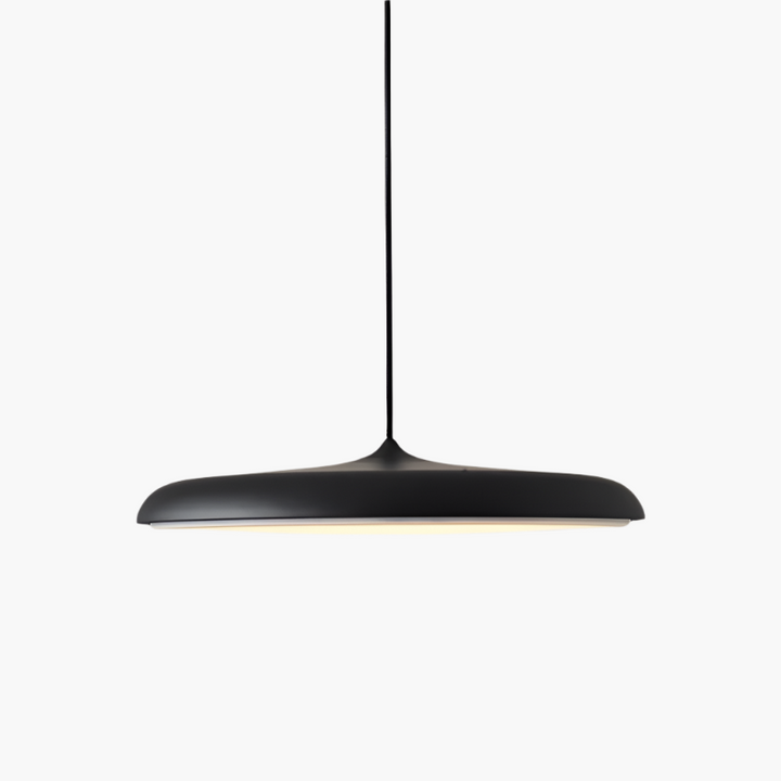 "Disc-shaped Scandinavian pendant light with LED, metal & acrylic materials, in elegant minimalist design for modern décor."