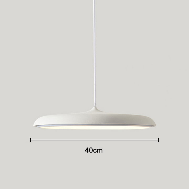 "Disc-shaped Scandinavian pendant light with LED, metal & acrylic materials, in elegant minimalist design for modern décor."
