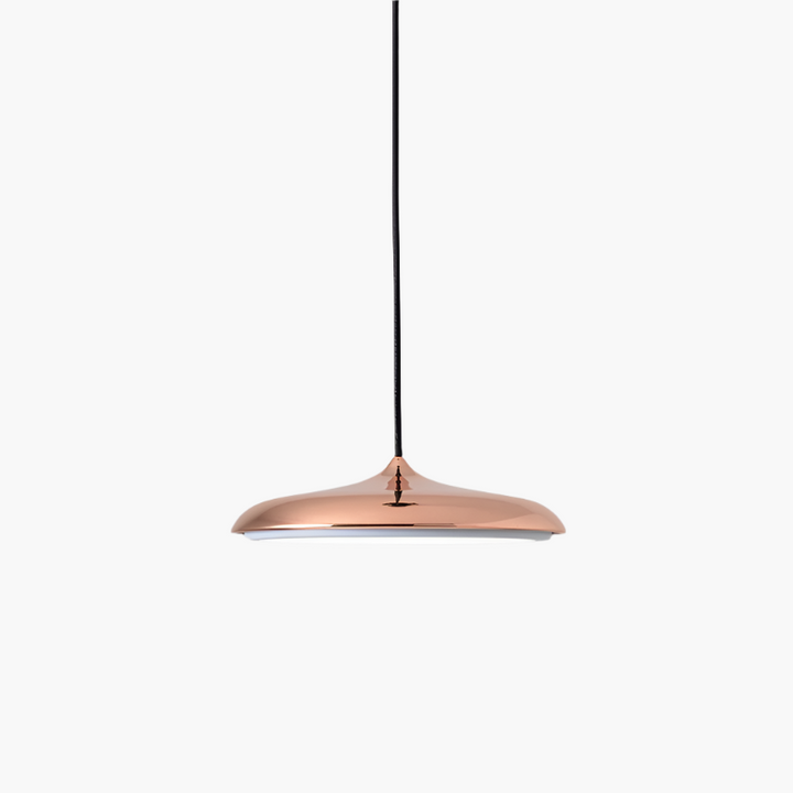 "Disc-shaped Scandinavian pendant light with LED, metal & acrylic materials, in elegant minimalist design for modern décor."