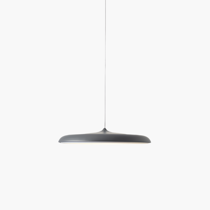 "Disc-shaped Scandinavian pendant light with LED, metal & acrylic materials, in elegant minimalist design for modern décor."