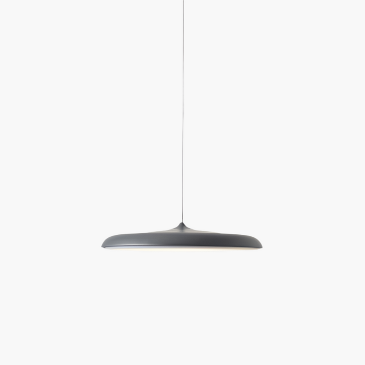 "Disc-shaped Scandinavian pendant light with LED, metal & acrylic materials, in elegant minimalist design for modern décor."