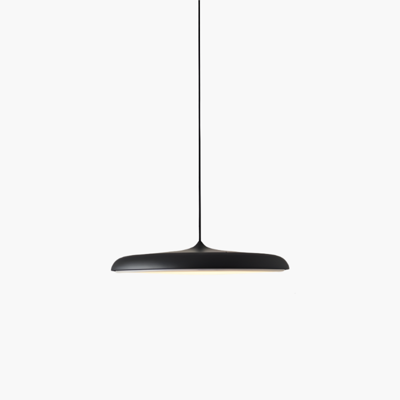 "Disc-shaped Scandinavian pendant light with LED, metal & acrylic materials, in elegant minimalist design for modern décor."