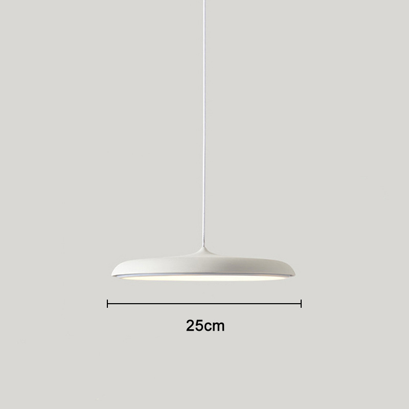 "Disc-shaped Scandinavian pendant light with LED, metal & acrylic materials, in elegant minimalist design for modern décor."