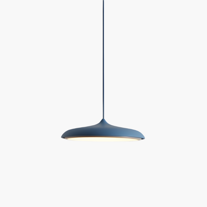 "Disc-shaped Scandinavian pendant light with LED, metal & acrylic materials, in elegant minimalist design for modern décor."