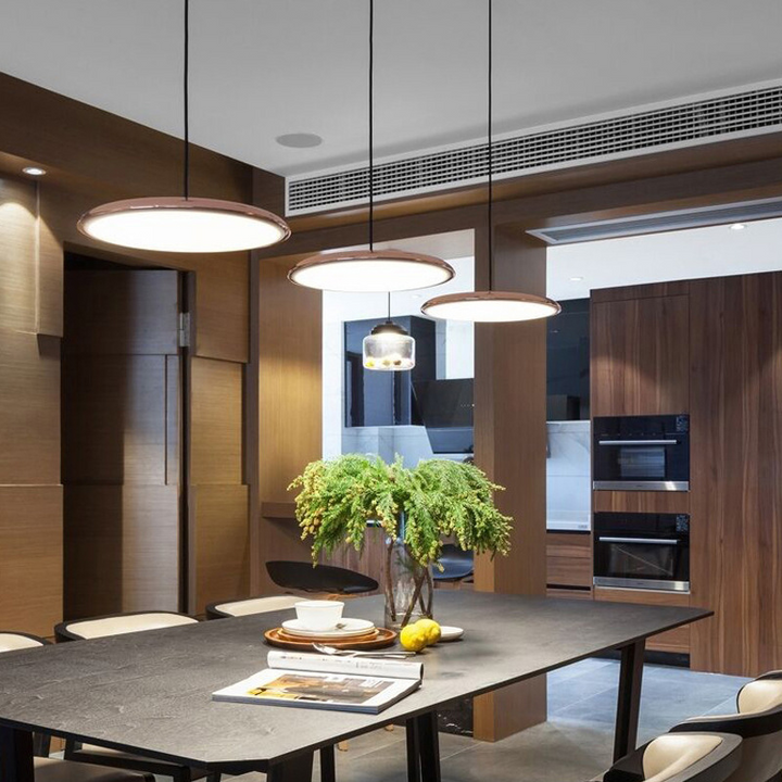 "Disc-shaped Scandinavian pendant light with LED, metal & acrylic materials, in elegant minimalist design for modern décor."