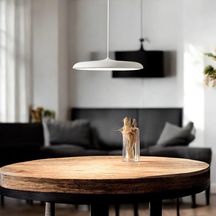 "Disc-shaped Scandinavian pendant light with LED, metal & acrylic materials, in elegant minimalist design for modern décor."