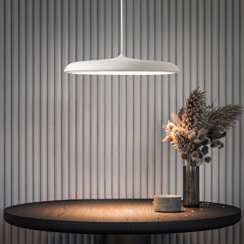 "Disc-shaped Scandinavian pendant light with LED, metal & acrylic materials, in elegant minimalist design for modern décor."