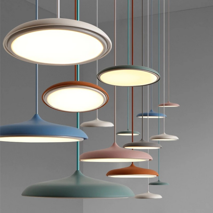 "Disc-shaped Scandinavian pendant light with LED, metal & acrylic materials, in elegant minimalist design for modern décor."