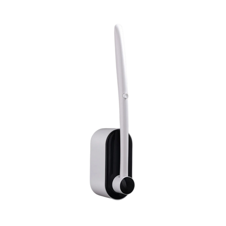 "Disposable ergonomic toilet brush with detachable head, featuring a sleek handle and pre-loaded cleaning sponge."