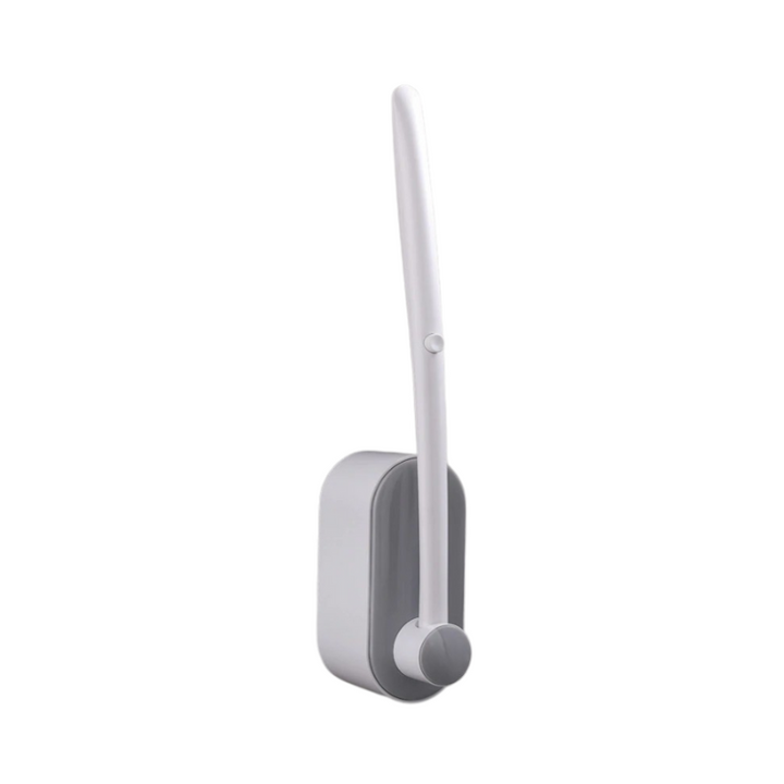 "Disposable ergonomic toilet brush with detachable head, featuring a sleek handle and pre-loaded cleaning sponge."
