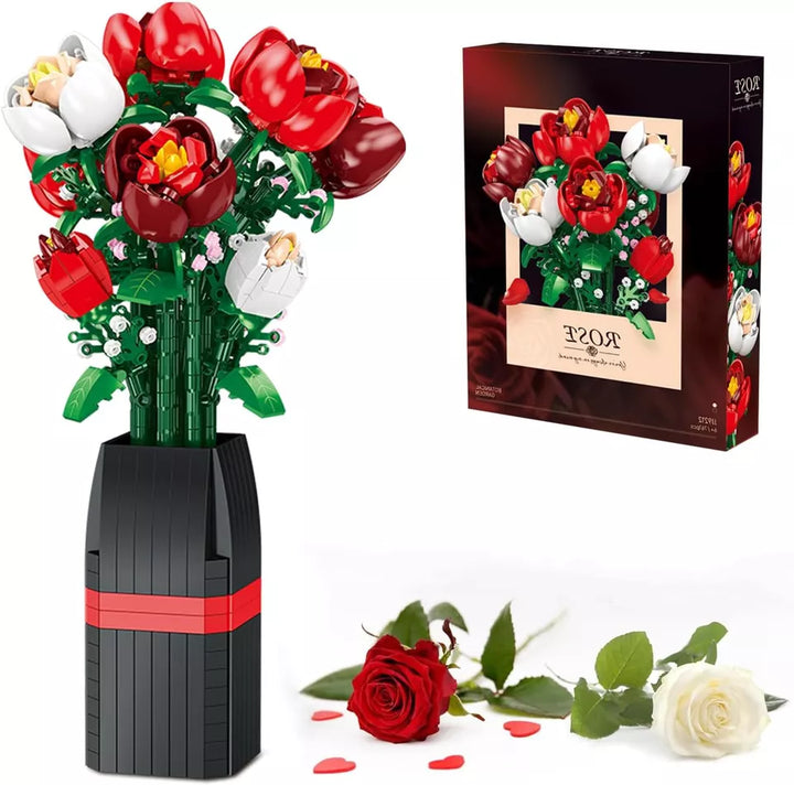 "DIY Rose Bouquet Building Set, 761-piece, lifelike roses, customizable floral arrangement, engaging for all ages."