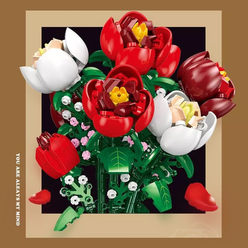 "DIY Rose Bouquet Building Set, 761-piece, lifelike roses, customizable floral arrangement, engaging for all ages."