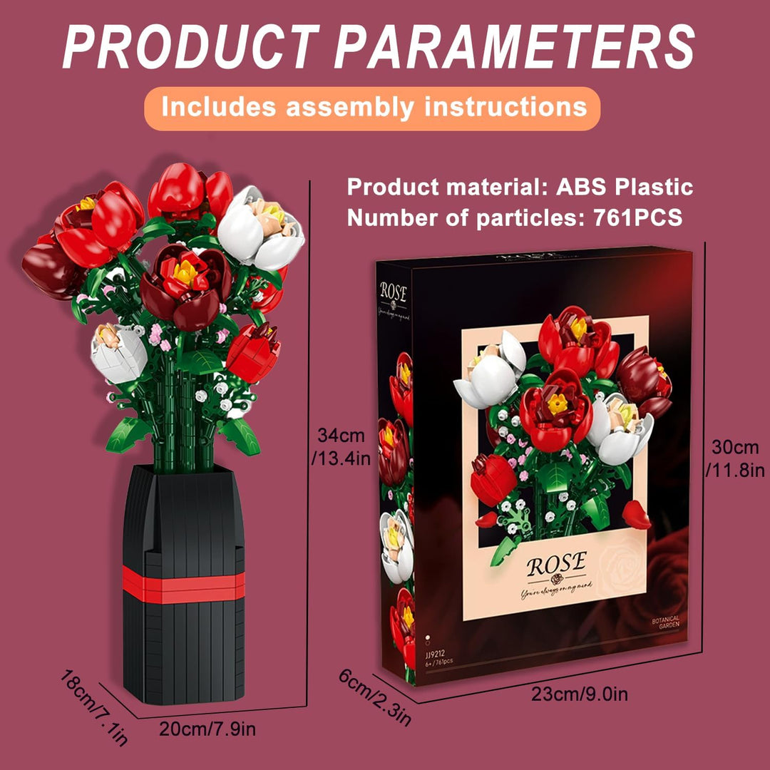 "DIY Rose Bouquet Building Set, 761-piece, lifelike roses, customizable floral arrangement, engaging for all ages."