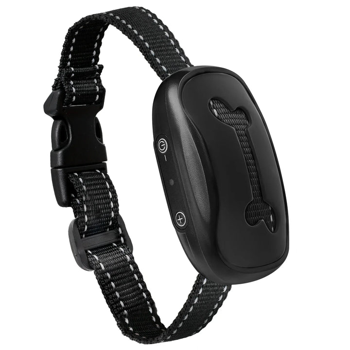 "Dog anti-bark collar with adjustable strap, featuring smart chip, beep, and vibration modes in sleek design, for all dog siz