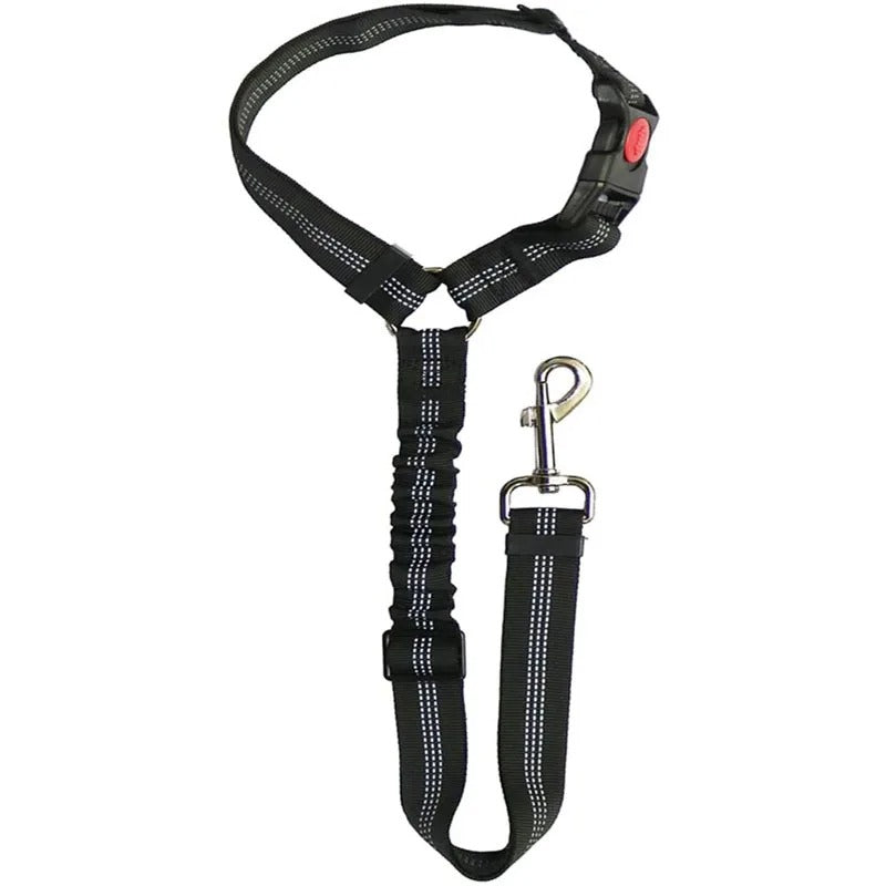 Dog car safety belt, adjustable with 360-degree swivel clip, black color, fits all car types, ensures pet comfort and securit