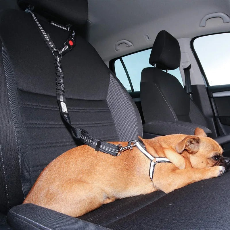 Dog car safety belt, adjustable with 360-degree swivel clip, black color, fits all car types, ensures pet comfort and securit
