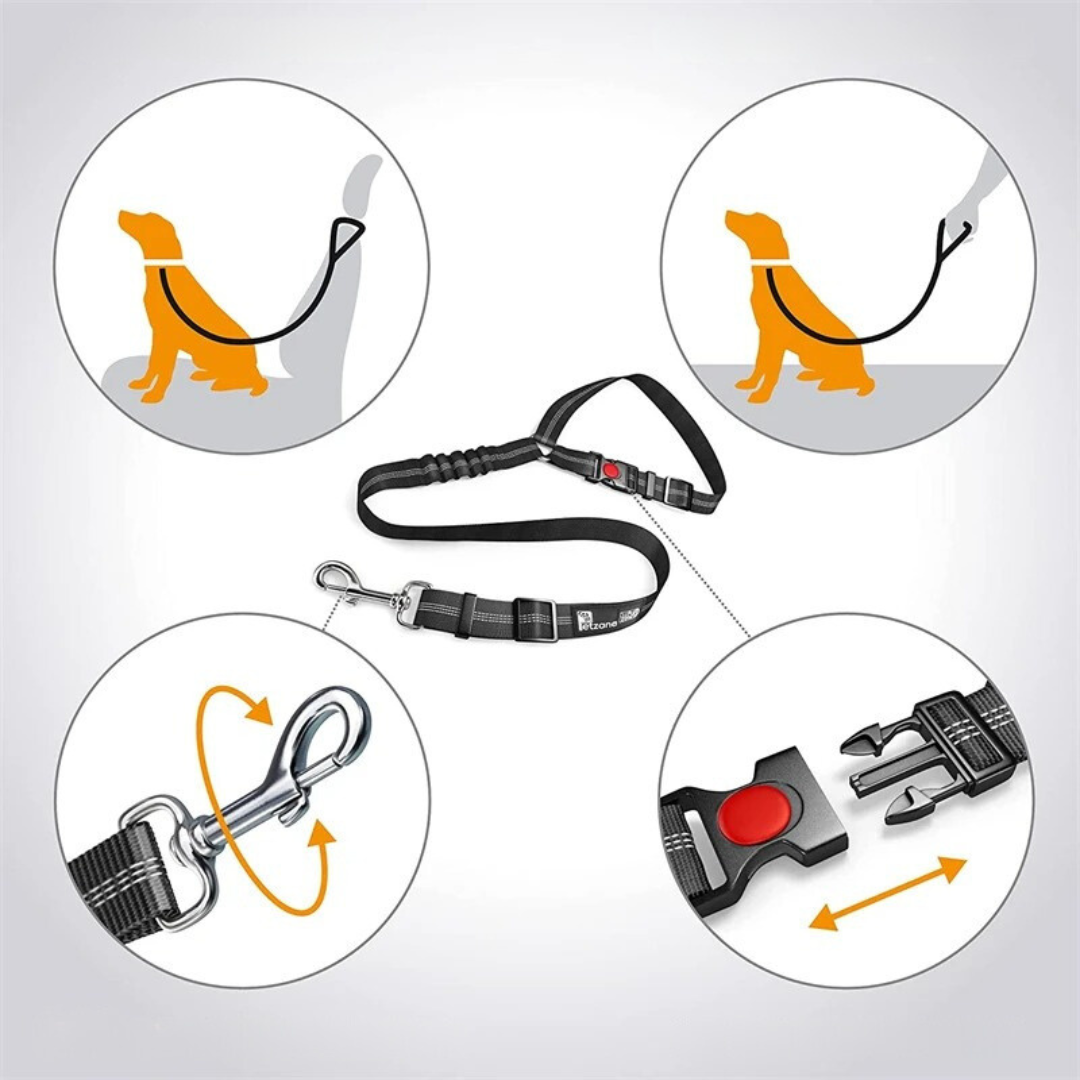 Dog car safety belt, adjustable with 360-degree swivel clip, black color, fits all car types, ensures pet comfort and securit