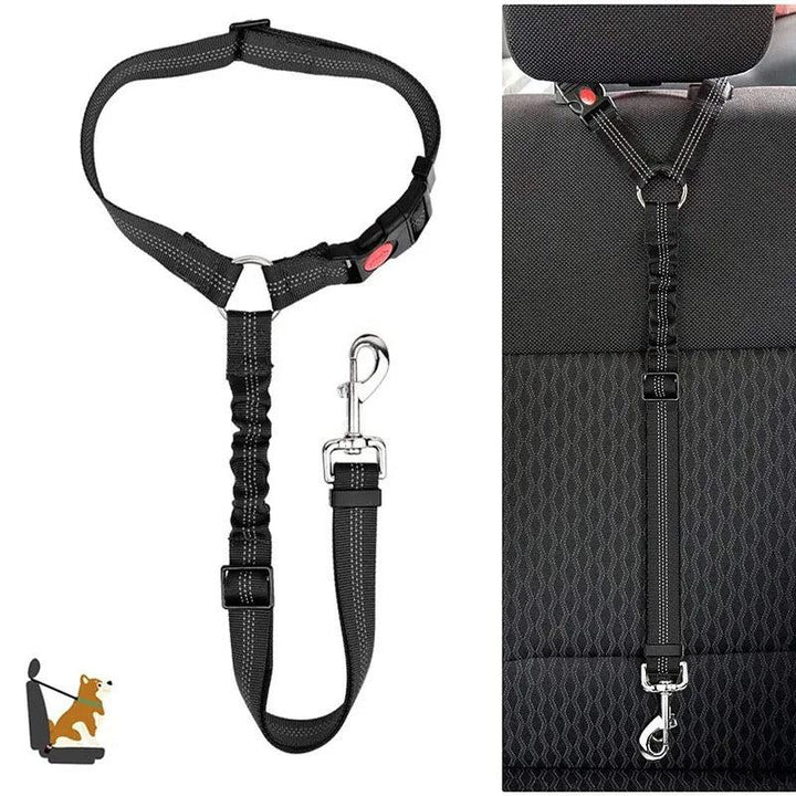 Dog car safety belt, adjustable with 360-degree swivel clip, black color, fits all car types, ensures pet comfort and securit