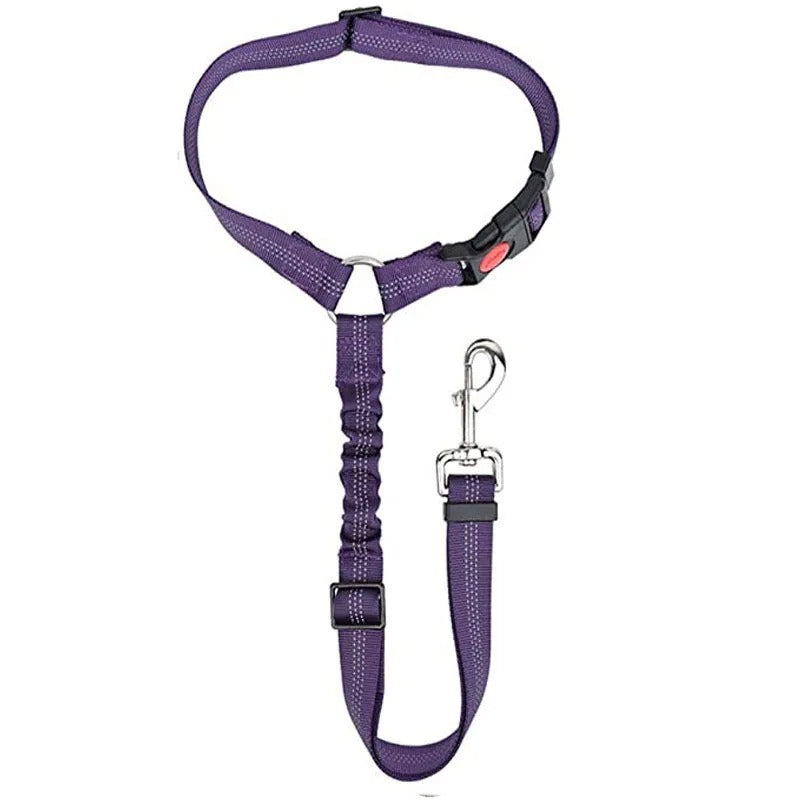 Dog car safety belt, adjustable with 360-degree swivel clip, black color, fits all car types, ensures pet comfort and securit