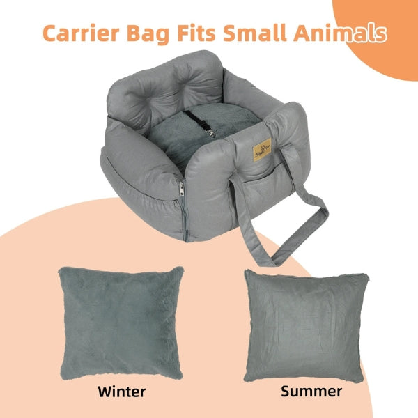 Dog car seat bed for pets with safety harness, waterproof fabric, dual-use for travel or home, gray, small to medium sizes.