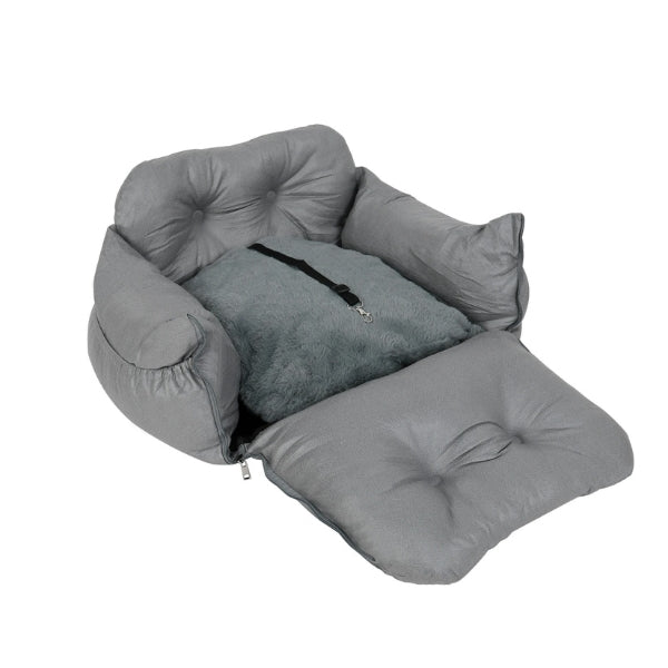 Dog car seat bed for pets with safety harness, waterproof fabric, dual-use for travel or home, gray, small to medium sizes.