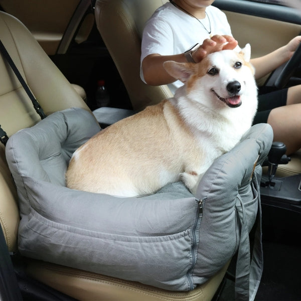 Dog car seat bed for pets with safety harness, waterproof fabric, dual-use for travel or home, gray, small to medium sizes.