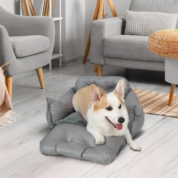 Dog car seat bed for pets with safety harness, waterproof fabric, dual-use for travel or home, gray, small to medium sizes.