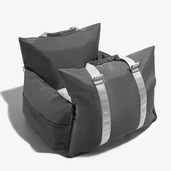 Dog car seat bed for pets with safety harness, waterproof fabric, dual-use for travel or home, gray, small to medium sizes.