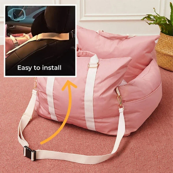 Dog car seat bed for pets with safety harness, waterproof fabric, dual-use for travel or home, gray, small to medium sizes.