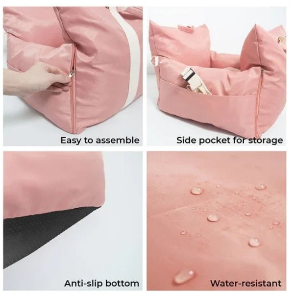Dog car seat bed for pets with safety harness, waterproof fabric, dual-use for travel or home, gray, small to medium sizes.