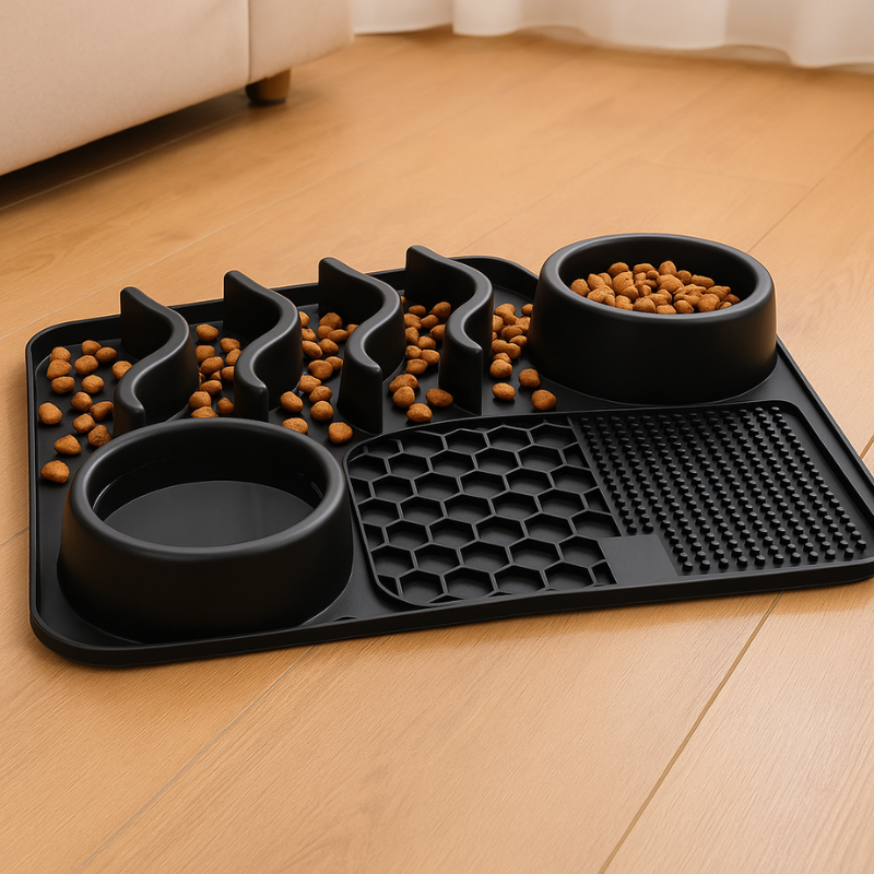 "Dog licking mat MealMaze with suction cups in vibrant black, green, purple colors, promotes digestion and mental stimulation
