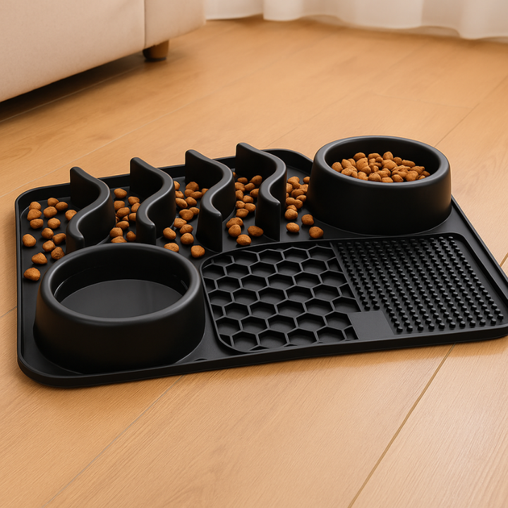 "Dog licking mat MealMaze with suction cups in vibrant black, green, purple colors, promotes digestion and mental stimulation