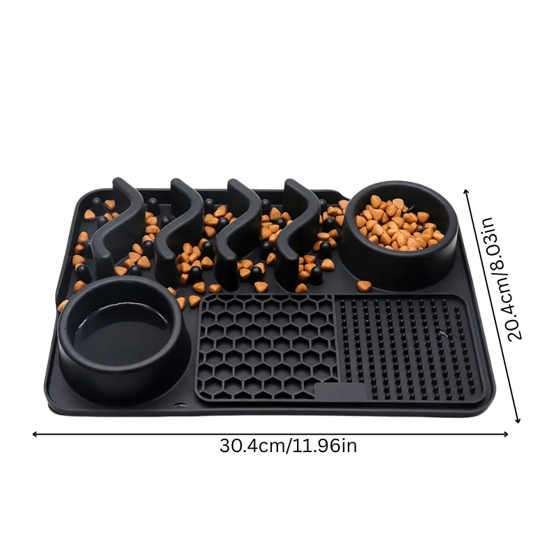 "Dog licking mat MealMaze with suction cups in vibrant black, green, purple colors, promotes digestion and mental stimulation