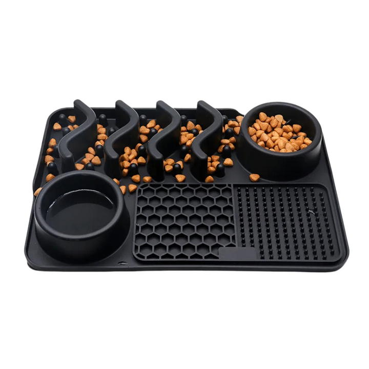 "Dog licking mat MealMaze with suction cups in vibrant black, green, purple colors, promotes digestion and mental stimulation