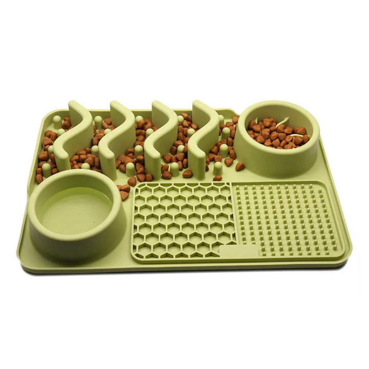 "Dog licking mat MealMaze with suction cups in vibrant black, green, purple colors, promotes digestion and mental stimulation