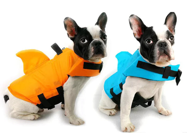 "Dog life jacket with shark fin, vibrant colors, adjustable straps, ensures pet safety and buoyancy in water adventures."