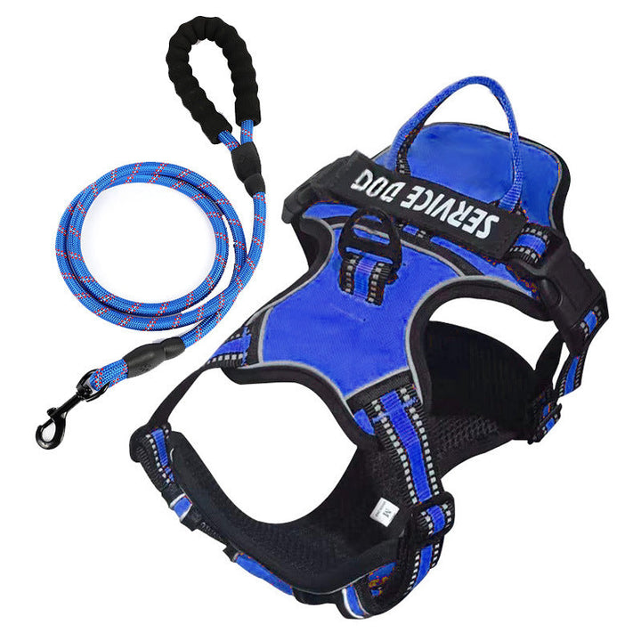 "Dog wearing personalized Y-shape harness with reflective strips for comfort and safety, vibrant color, ergonomic design."