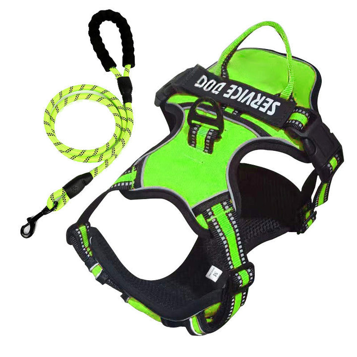 "Dog wearing personalized Y-shape harness with reflective strips for comfort and safety, vibrant color, ergonomic design."