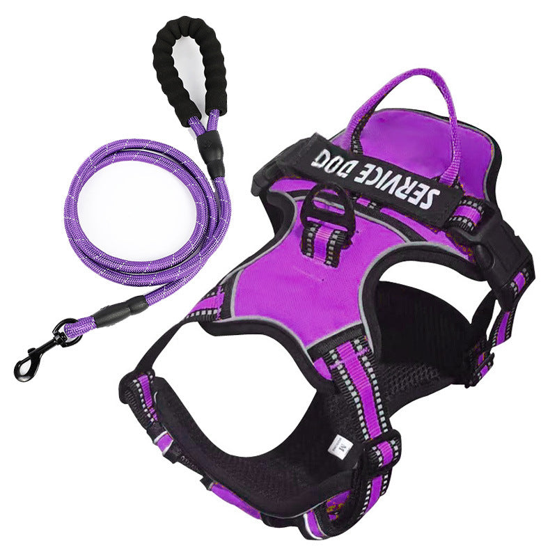 "Dog wearing personalized Y-shape harness with reflective strips for comfort and safety, vibrant color, ergonomic design."