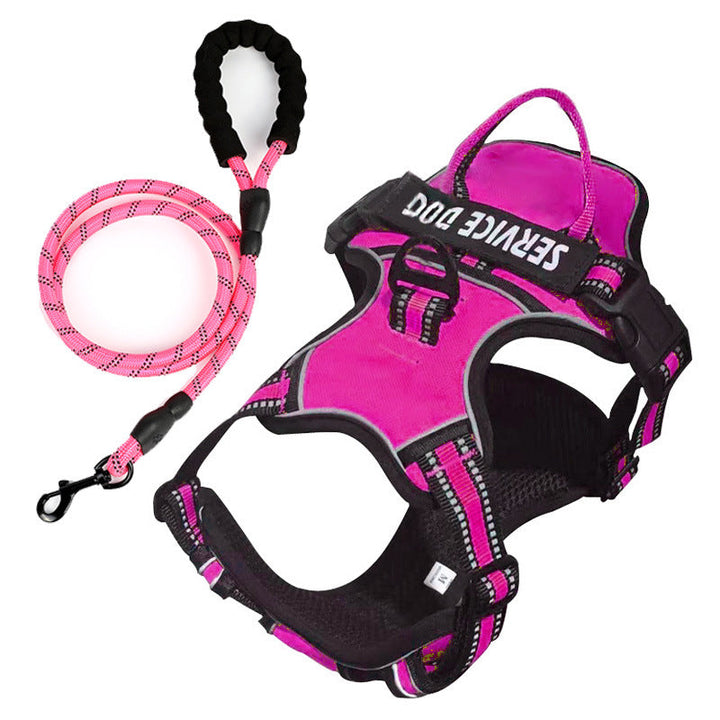 "Dog wearing personalized Y-shape harness with reflective strips for comfort and safety, vibrant color, ergonomic design."