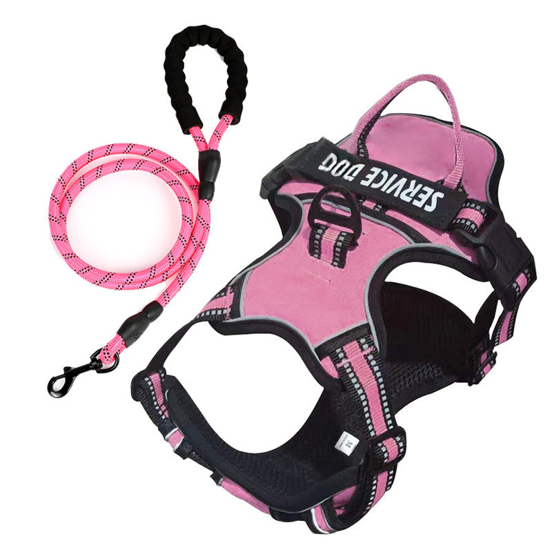 "Dog wearing personalized Y-shape harness with reflective strips for comfort and safety, vibrant color, ergonomic design."