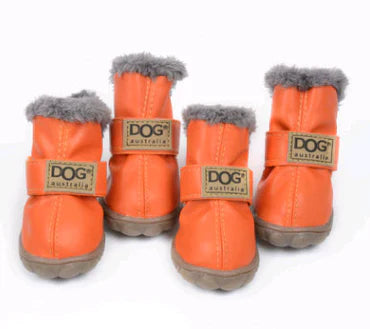 "Dog Winter Snow Boots - Warm non-slip boots with plush lining, colorful options, secure fit, ideal for icy winter walks."