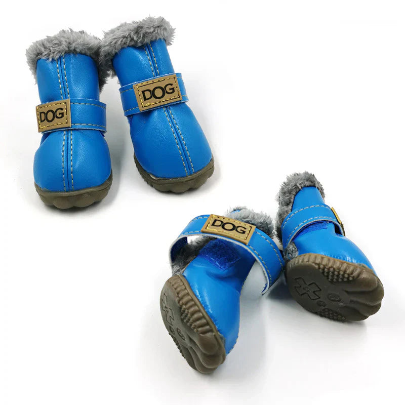 "Dog Winter Snow Boots - Warm non-slip boots with plush lining, colorful options, secure fit, ideal for icy winter walks."