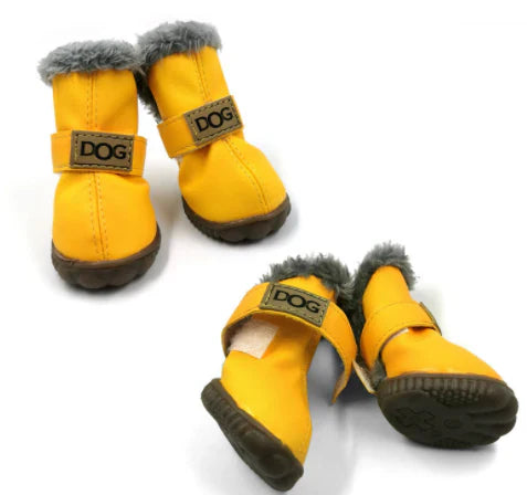 "Dog Winter Snow Boots - Warm non-slip boots with plush lining, colorful options, secure fit, ideal for icy winter walks."