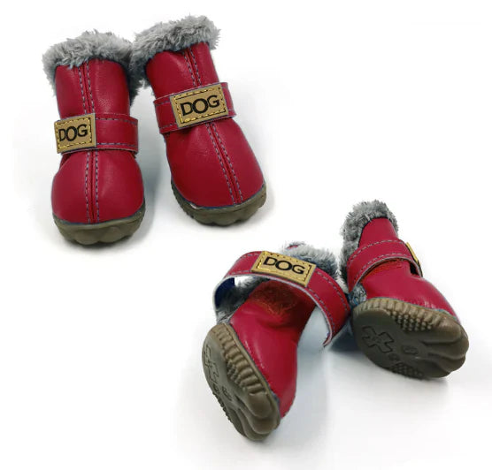 "Dog Winter Snow Boots - Warm non-slip boots with plush lining, colorful options, secure fit, ideal for icy winter walks."