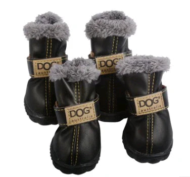 "Dog Winter Snow Boots - Warm non-slip boots with plush lining, colorful options, secure fit, ideal for icy winter walks."
